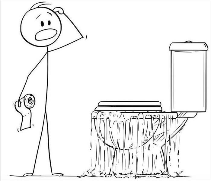 sketch of man standing looking at overflowing toilet