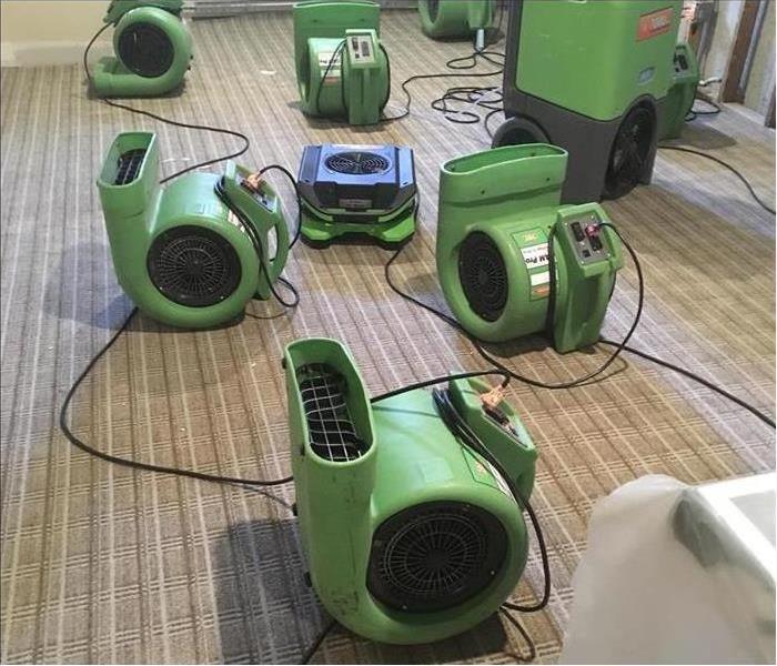 Several of our air movers and dehumidifiers set out on this carpet after a flood